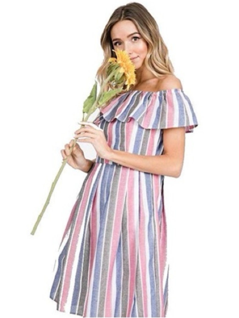 Ces Femme 100% Cotton Striped Off-Shoulder Ruffle